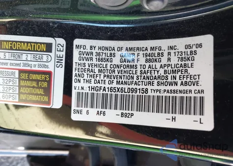 2006 Honda Civic Lx z USA, uszkodzony, nr VIN 1HGFA165X6L099158